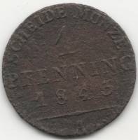 (1843A) Монета Германия (Пруссия) 1843 год 1 пфеннинг / 1/360 талера   Медь  F